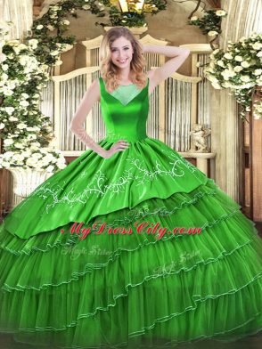 Green Organza Side Zipper Scoop Sleeveless Floor Length Quinceanera Gowns Beading and Embroidery