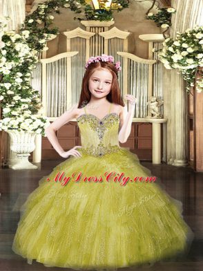 Simple Olive Green Sleeveless Beading and Ruffles Floor Length Kids Formal Wear