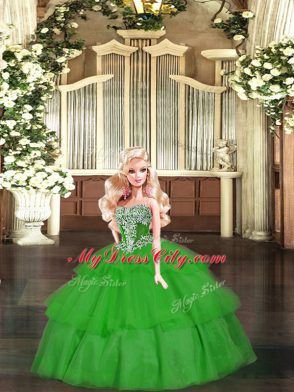 Glamorous Green Sleeveless Floor Length Beading and Ruffled Layers Lace Up Sweet 16 Dresses