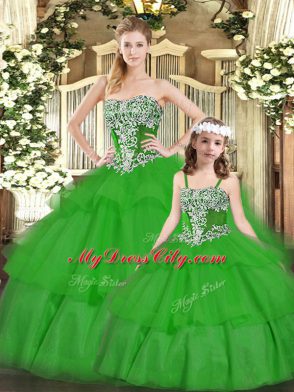 Glamorous Green Sleeveless Floor Length Beading and Ruffled Layers Lace Up Sweet 16 Dresses