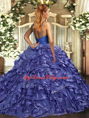 Rust Red Backless Ball Gown Prom Dress Ruffles Sleeveless Sweep Train