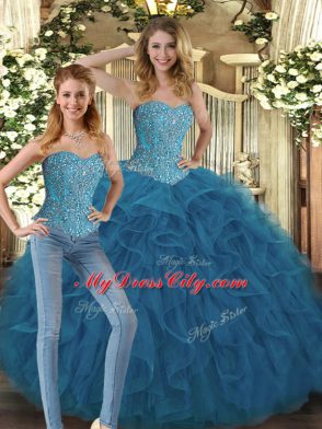 Romantic Teal Sleeveless Beading and Ruffles Floor Length Quince Ball Gowns