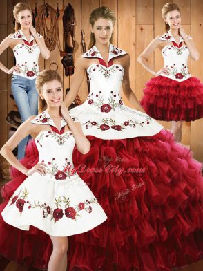 Low Price Wine Red Halter Top Lace Up Embroidery and Ruffled Layers Vestidos de Quinceanera Sleeveless