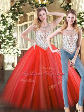 Sleeveless Floor Length Beading Zipper 15th Birthday Dress with Coral Red