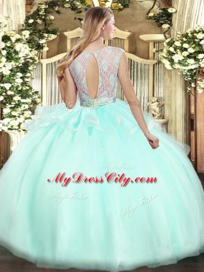 Luxurious Baby Pink Ball Gowns Scoop Sleeveless Organza Floor Length Backless Lace Quinceanera Gown