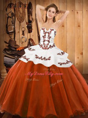 On Sale Sleeveless Floor Length Embroidery Lace Up Sweet 16 Dresses with Rust Red