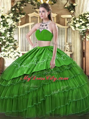 Green Two Pieces Tulle High-neck Sleeveless Beading and Embroidery and Ruffles Floor Length Backless Quinceanera Dresses