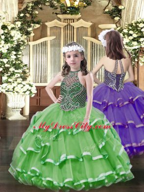 Green Ball Gowns Halter Top Sleeveless Organza Floor Length Lace Up Beading and Ruffled Layers Pageant Dresses