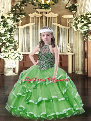 Green Ball Gowns Halter Top Sleeveless Organza Floor Length Lace Up Beading and Ruffled Layers Pageant Dresses