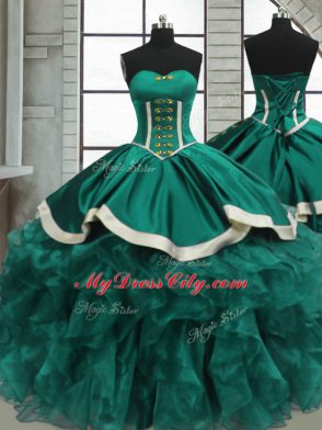 Customized Turquoise Lace Up Sweetheart Beading and Ruffles Sweet 16 Quinceanera Dress Organza Sleeveless