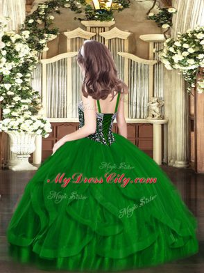 Straps Sleeveless Winning Pageant Gowns Floor Length Beading and Ruffles Turquoise Tulle