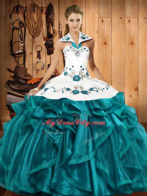 Fancy Sleeveless Satin and Organza Floor Length Lace Up Quince Ball Gowns in Teal with Embroidery and Ruffles