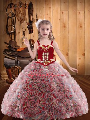 Discount Fabric With Rolling Flowers Straps Sleeveless Lace Up Embroidery and Ruffles Pageant Dress for Teens in Red