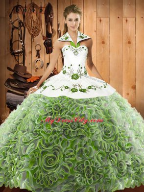 Custom Design Sweep Train Ball Gowns Sweet 16 Dresses Multi-color Halter Top Fabric With Rolling Flowers Sleeveless Lace Up