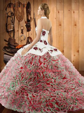 Custom Design Sweep Train Ball Gowns Sweet 16 Dresses Multi-color Halter Top Fabric With Rolling Flowers Sleeveless Lace Up