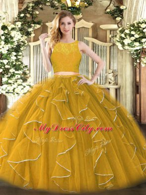 Organza Scoop Sleeveless Zipper Lace and Ruffles Sweet 16 Quinceanera Dress in Gold