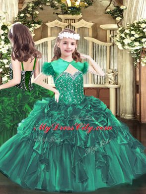 Straps Sleeveless Kids Formal Wear Floor Length Beading and Ruffles Dark Green Organza