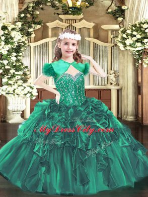Straps Sleeveless Kids Formal Wear Floor Length Beading and Ruffles Dark Green Organza