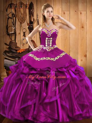 Clearance Satin and Organza Sweetheart Sleeveless Lace Up Embroidery and Ruffles 15 Quinceanera Dress in Fuchsia