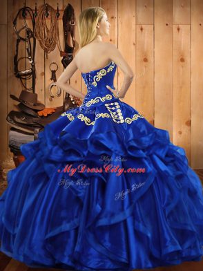 Clearance Satin and Organza Sweetheart Sleeveless Lace Up Embroidery and Ruffles 15 Quinceanera Dress in Fuchsia