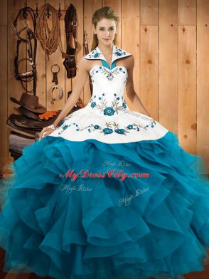 Cheap Sleeveless Tulle Floor Length Lace Up Ball Gown Prom Dress in Teal with Embroidery and Ruffles