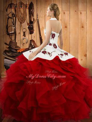 Cheap Sleeveless Tulle Floor Length Lace Up Ball Gown Prom Dress in Teal with Embroidery and Ruffles