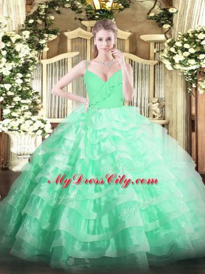 Gorgeous Apple Green Quinceanera Dress Military Ball and Sweet 16 and Quinceanera with Ruffled Layers Spaghetti Straps Sleeveless Zipper