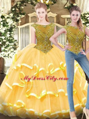 Deluxe Gold Sweet 16 Quinceanera Dress Military Ball and Sweet 16 and Quinceanera with Beading and Ruffled Layers Bateau Sleeveless Zipper