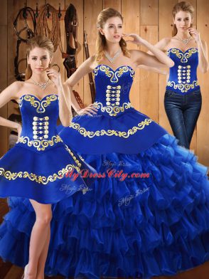 Blue Sweetheart Neckline Embroidery and Ruffled Layers Quinceanera Gowns Sleeveless Lace Up