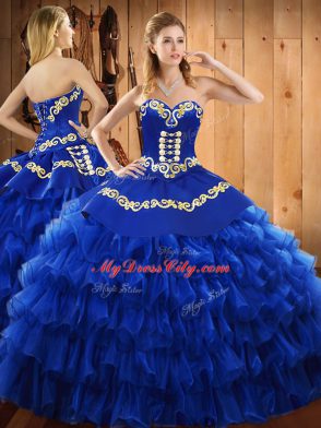Blue Sweetheart Neckline Embroidery and Ruffled Layers Quinceanera Gowns Sleeveless Lace Up