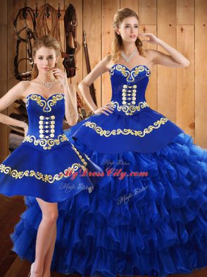 Blue Sweetheart Neckline Embroidery and Ruffled Layers Quinceanera Gowns Sleeveless Lace Up