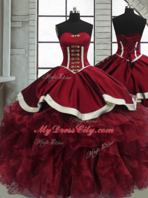 Fashion Red Organza Lace Up Sweetheart Sleeveless Floor Length Vestidos de Quinceanera Beading and Ruffles