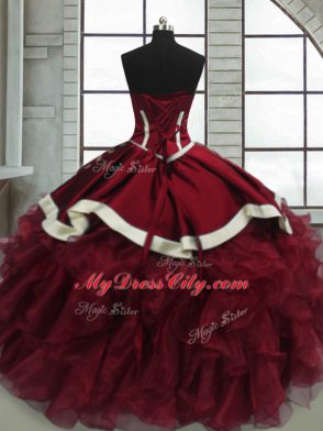 Fashion Red Organza Lace Up Sweetheart Sleeveless Floor Length Vestidos de Quinceanera Beading and Ruffles