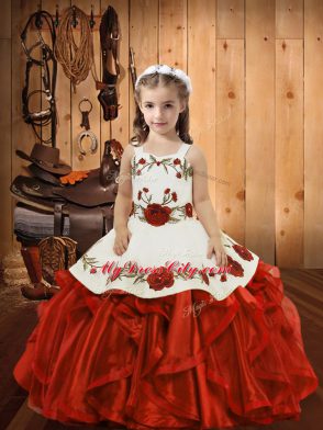 Beautiful Floor Length Red Child Pageant Dress Organza Sleeveless Ruffles