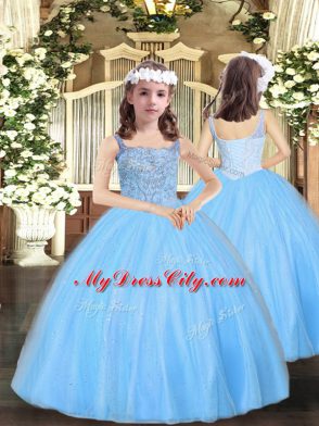 Sleeveless Tulle Floor Length Lace Up Little Girls Pageant Dress in Baby Blue with Beading