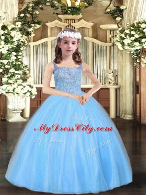 Sleeveless Tulle Floor Length Lace Up Little Girls Pageant Dress in Baby Blue with Beading