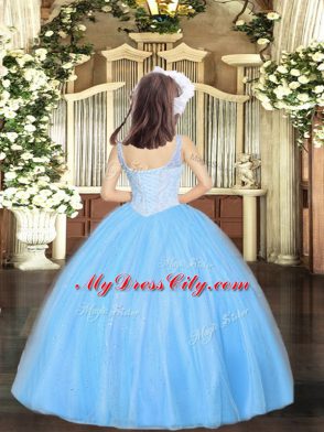 Sleeveless Tulle Floor Length Lace Up Little Girls Pageant Dress in Baby Blue with Beading