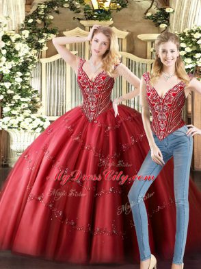 Vintage Wine Red Sleeveless Tulle Lace Up Quinceanera Dresses for Military Ball and Sweet 16 and Quinceanera