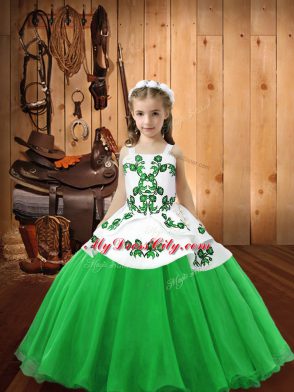 Green Sleeveless Floor Length Embroidery Lace Up Pageant Dress for Teens