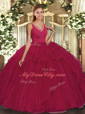 Dynamic Wine Red Sleeveless Ruffles Floor Length Ball Gown Prom Dress