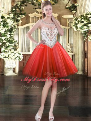 Trendy Tulle Scoop Sleeveless Zipper Beading Prom Gown in Red