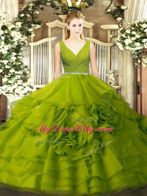 Decent Olive Green Fabric With Rolling Flowers Zipper V-neck Sleeveless Floor Length 15th Birthday Dress Beading