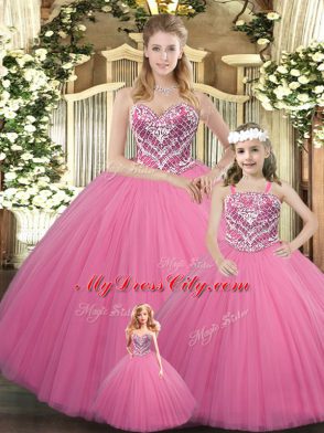 Trendy Rose Pink Tulle Lace Up Ball Gown Prom Dress Sleeveless Floor Length Beading
