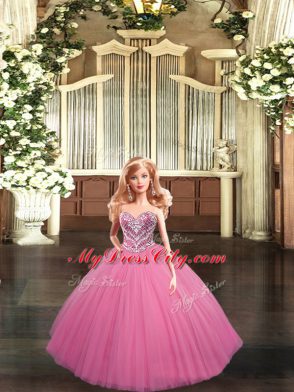 Trendy Rose Pink Tulle Lace Up Ball Gown Prom Dress Sleeveless Floor Length Beading
