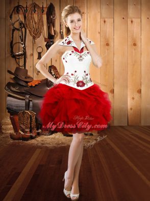 Red Ball Gowns Halter Top Sleeveless Organza Mini Length Lace Up Embroidery and Ruffles Prom Dresses