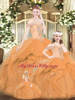 Custom Fit Orange Red Off The Shoulder Lace Up Beading and Ruffles Quinceanera Gowns Sleeveless