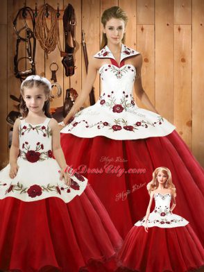 Wine Red Satin and Tulle Lace Up Quinceanera Dresses Sleeveless Floor Length Embroidery