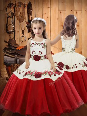 Wine Red Satin and Tulle Lace Up Quinceanera Dresses Sleeveless Floor Length Embroidery