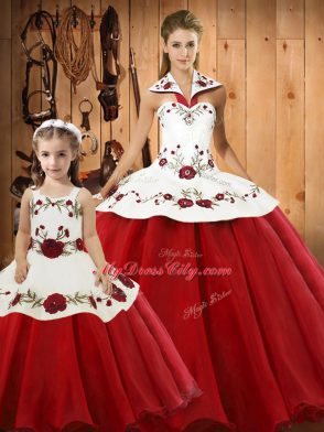 Wine Red Satin and Tulle Lace Up Quinceanera Dresses Sleeveless Floor Length Embroidery
