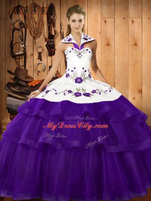 Purple Organza Lace Up Halter Top Sleeveless Quinceanera Gowns Sweep Train Embroidery and Ruffled Layers